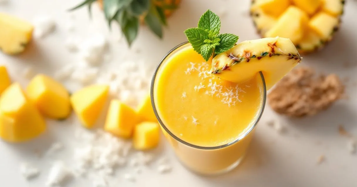 Tropischer Smoothie: Ananas, Mango und Kokos